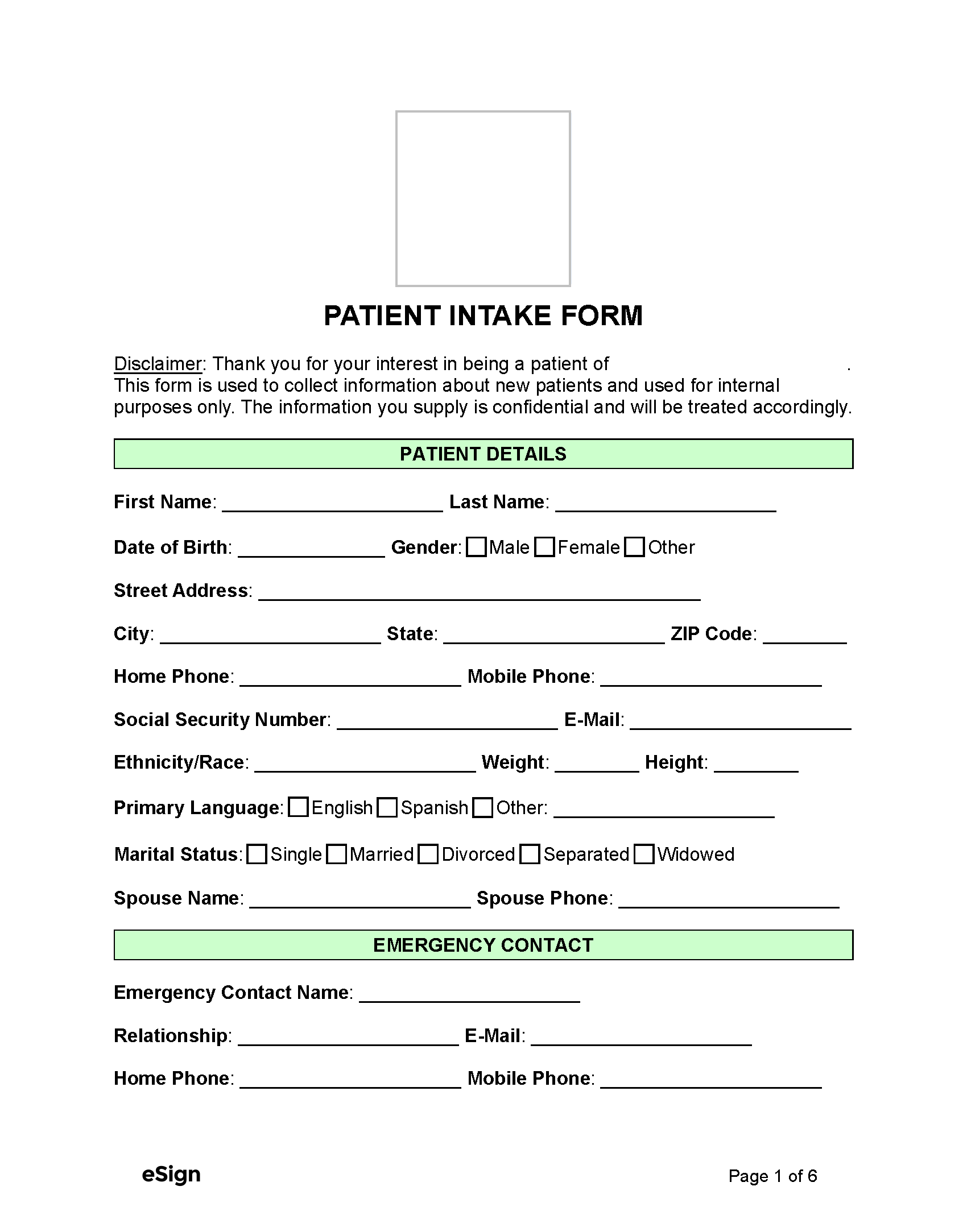 Free Patient Medical Intake Form PDF Word