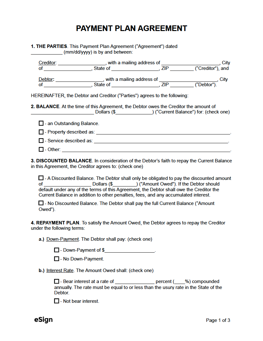 Free Payment Plan Agreement Template PDF Word