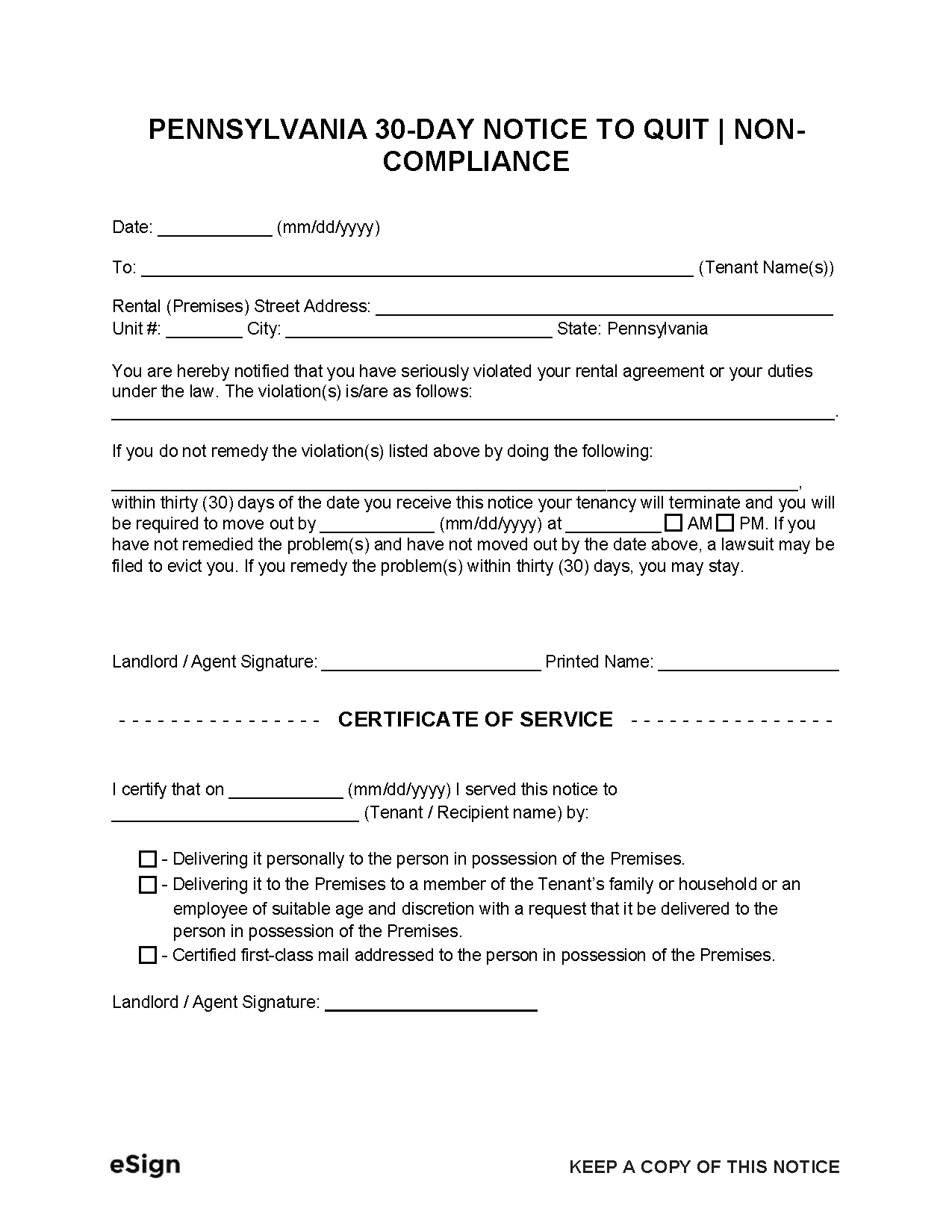 Free Pennsylvania 30 Day Notice To Quit Non Compliance PDF Word