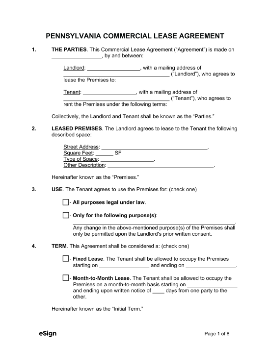 Free Pennsylvania Commercial Lease Agreement Template PDF Word