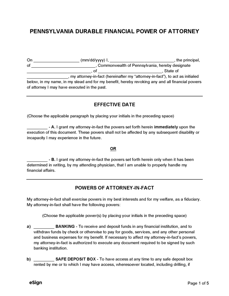 Free Pennsylvania Durable Power Of Attorney Form PDF Word