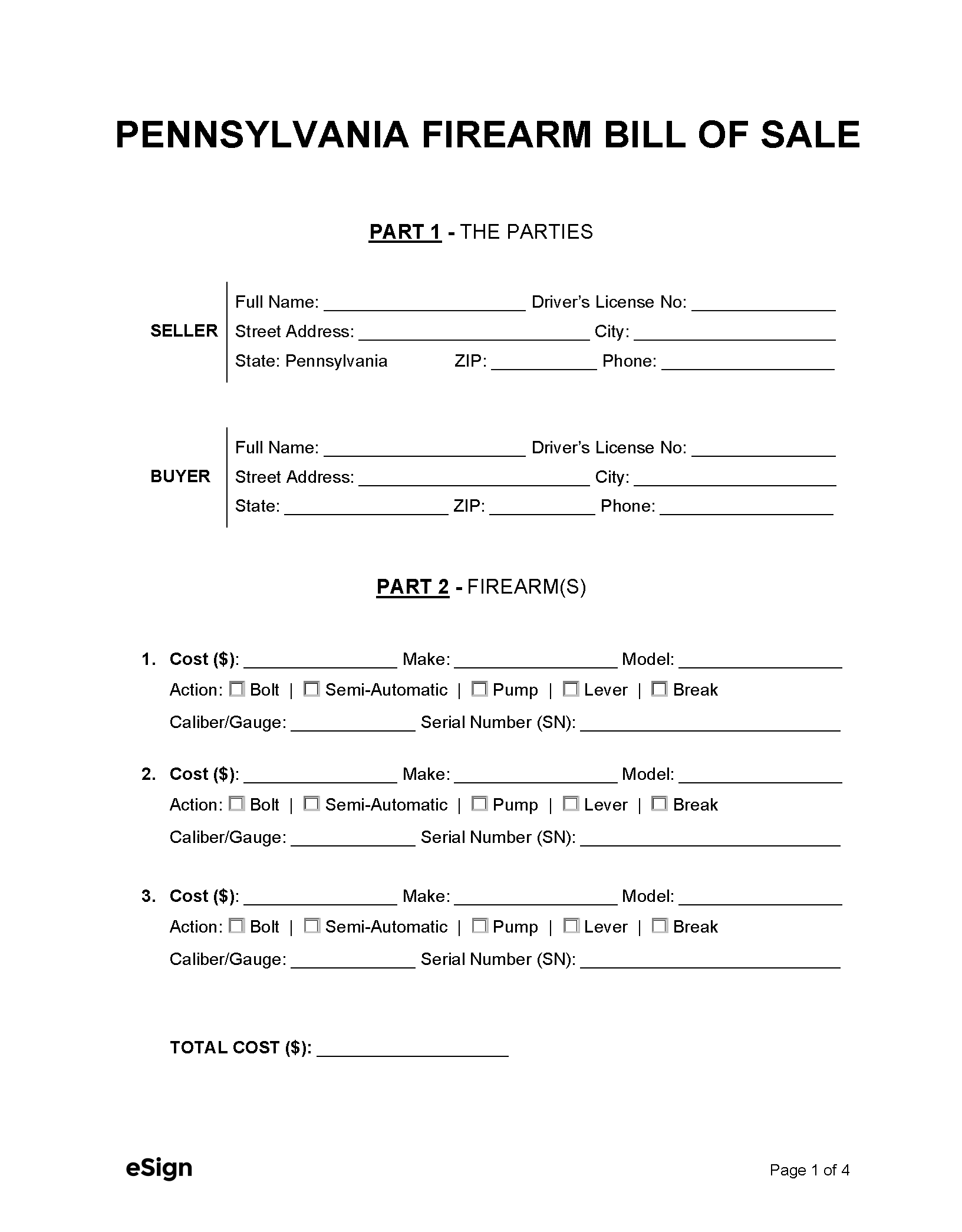 Free Pennsylvania Firearm Bill of Sale Form PDF Word