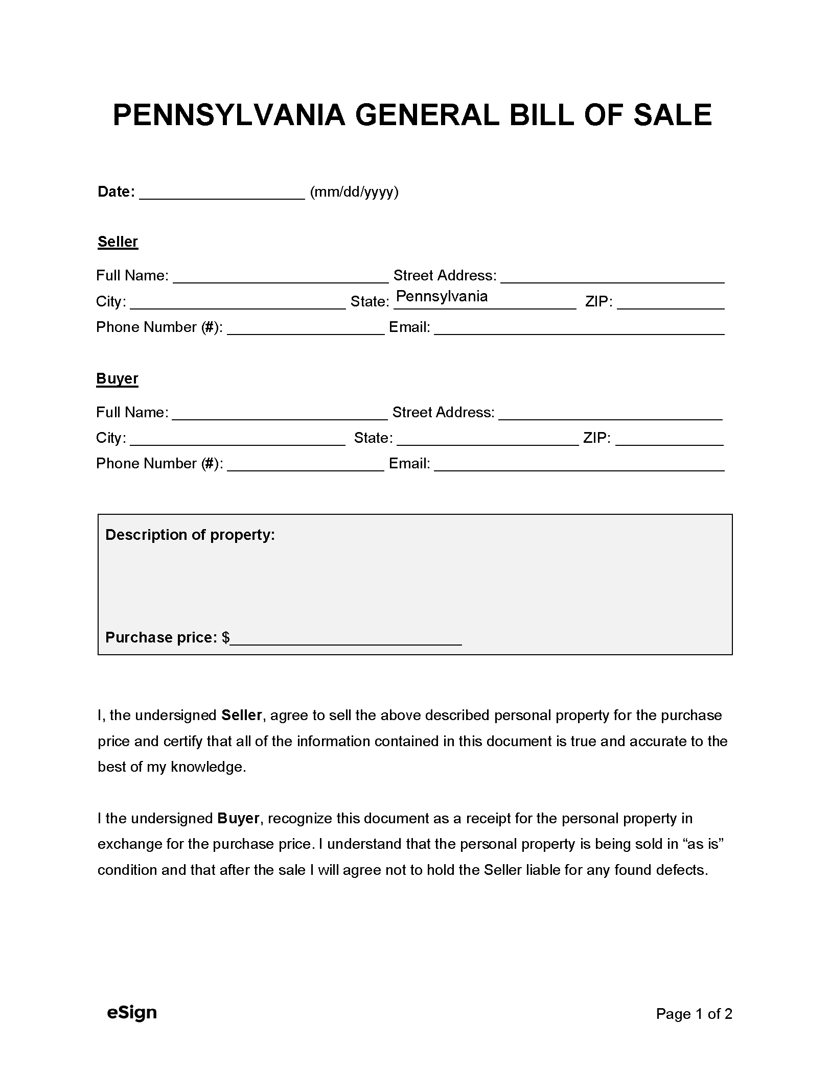 Free Pennsylvania General Bill Of Sale Form PDF Word