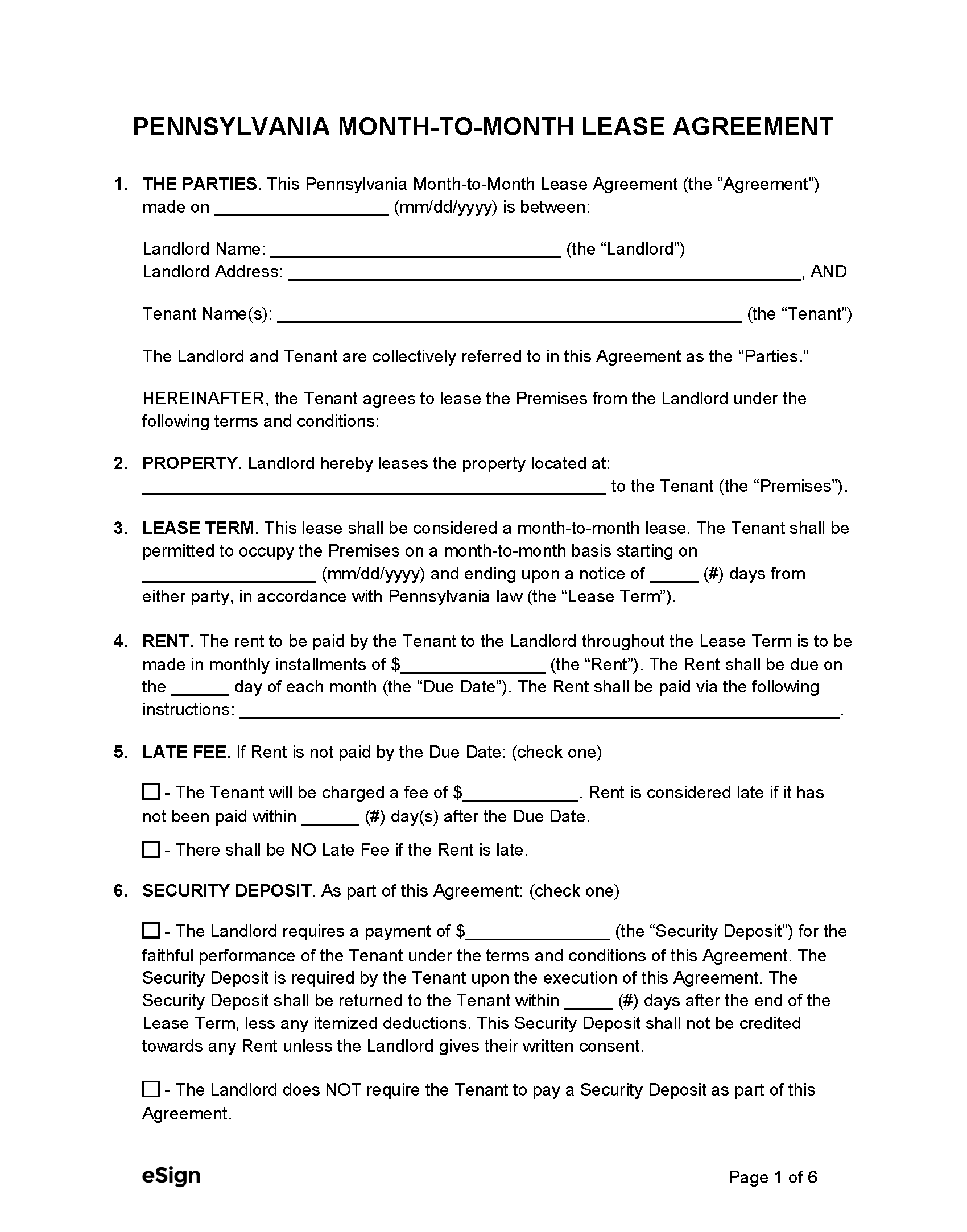 Free Pennsylvania Month to Month Lease Agreement PDF Word