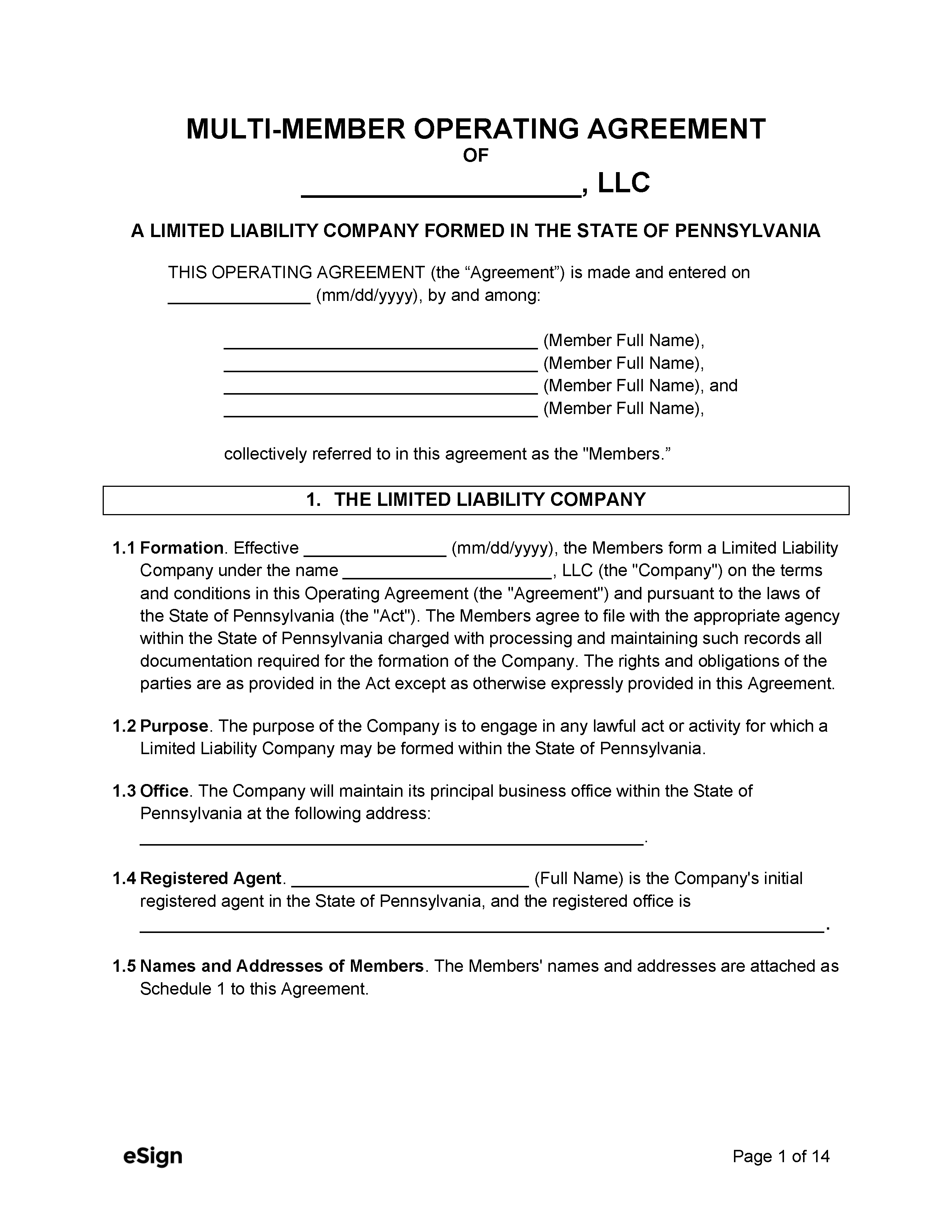 Free Pennsylvania Multi Member LLC Operating Agreement Form PDF Word
