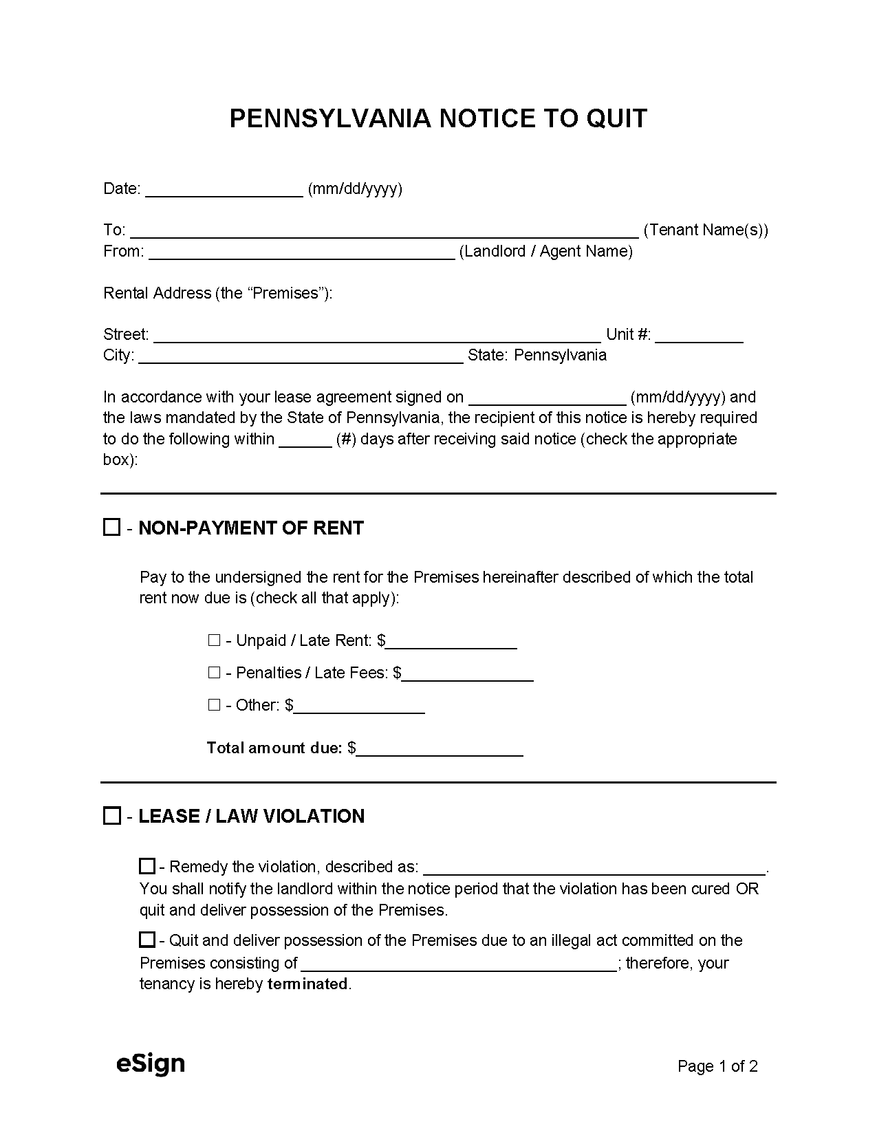 Free Pennsylvania Eviction Notice Templates (5) PDF Word