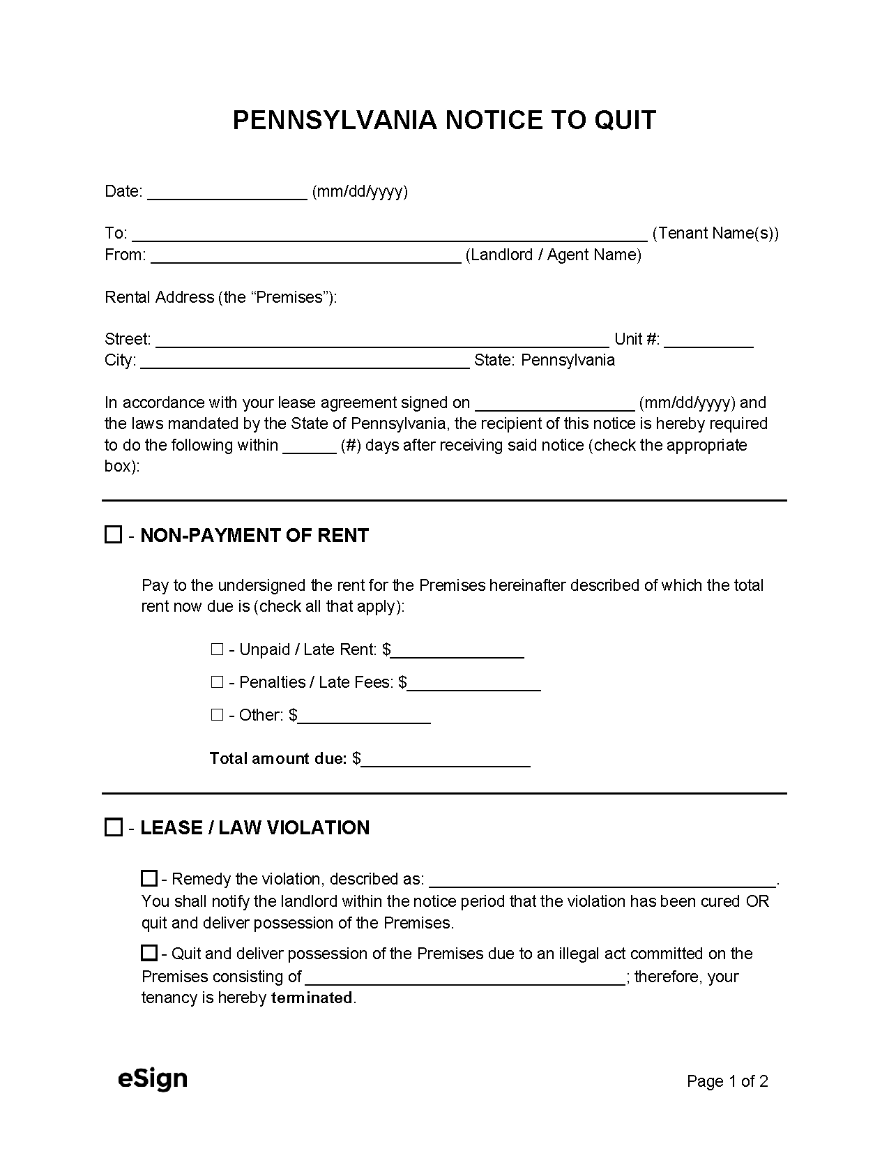 Free Pennsylvania Eviction Notice Templates 5 Pdf Word 9955