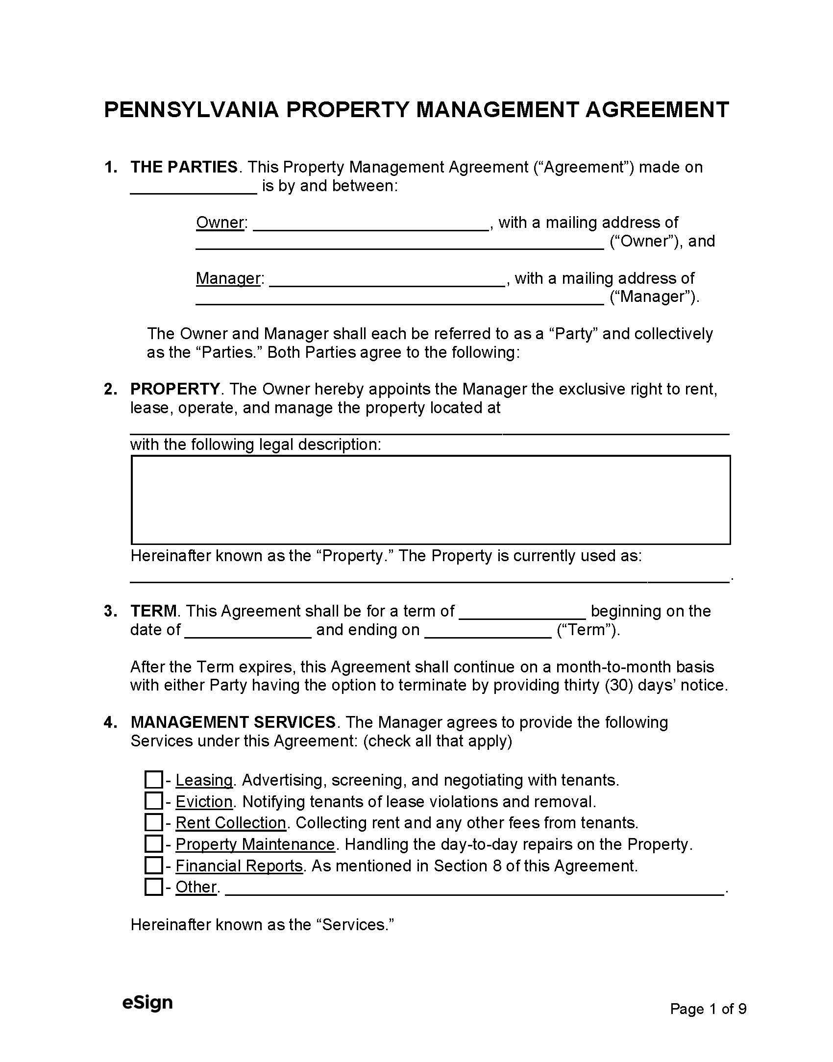 Free Pennsylvania Property Management Agreement PDF Word