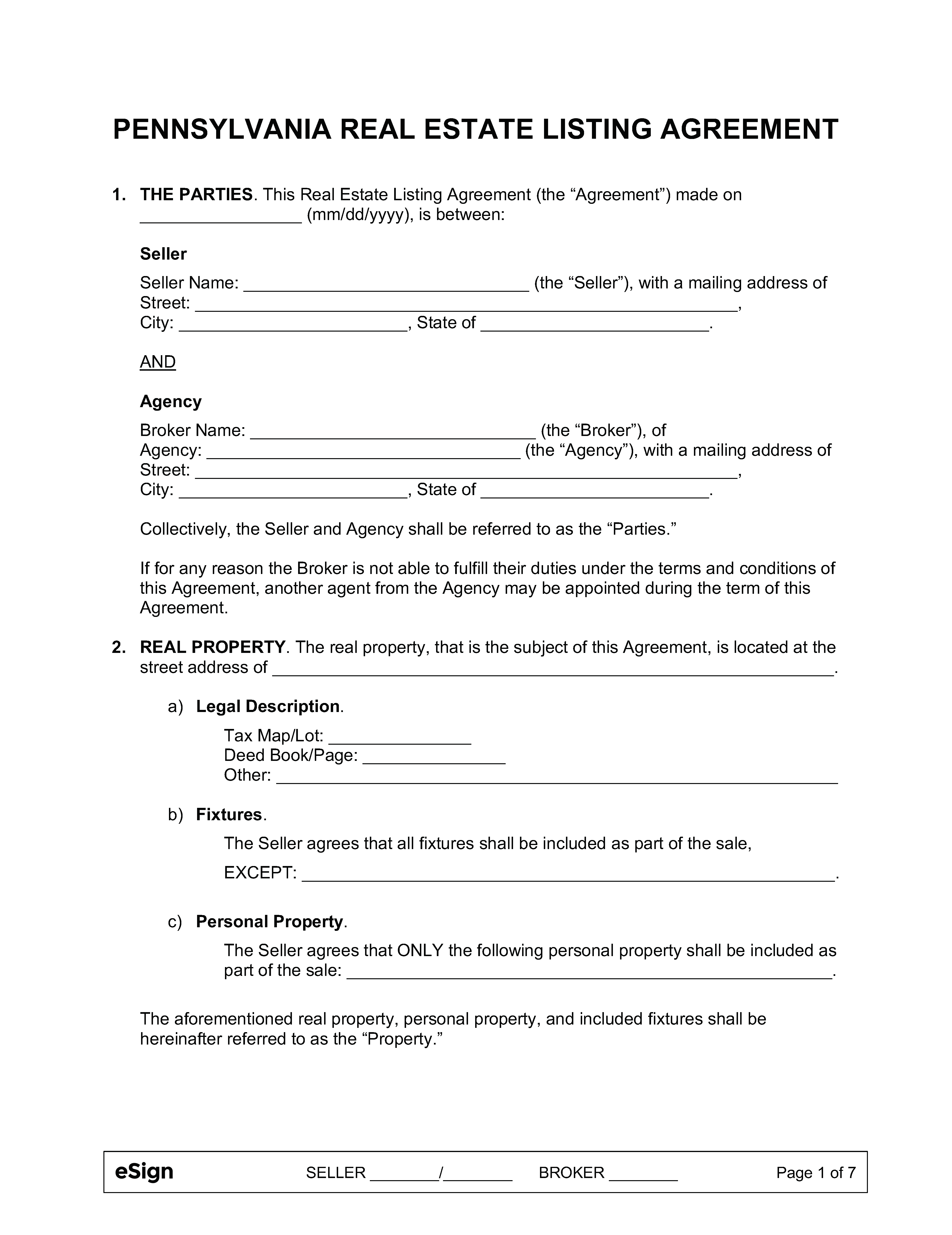 Free Pennsylvania Real Estate Listing Agreement PDF Word