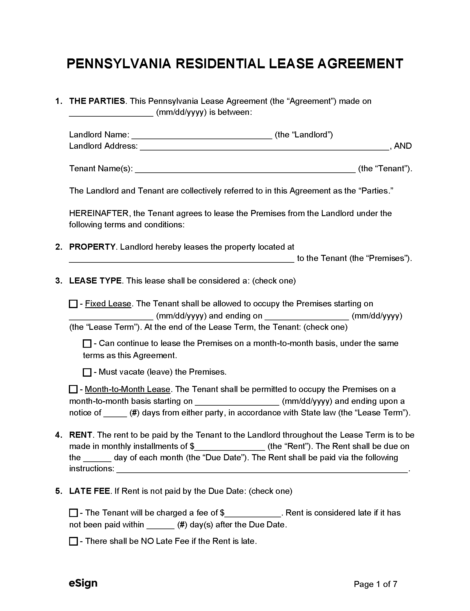 Free Pennsylvania Rental Lease Agreements Laws PDF Word