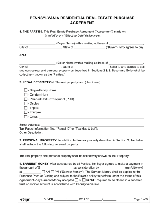Free Pennsylvania Residential Purchase and Sale Agreement PDF Word