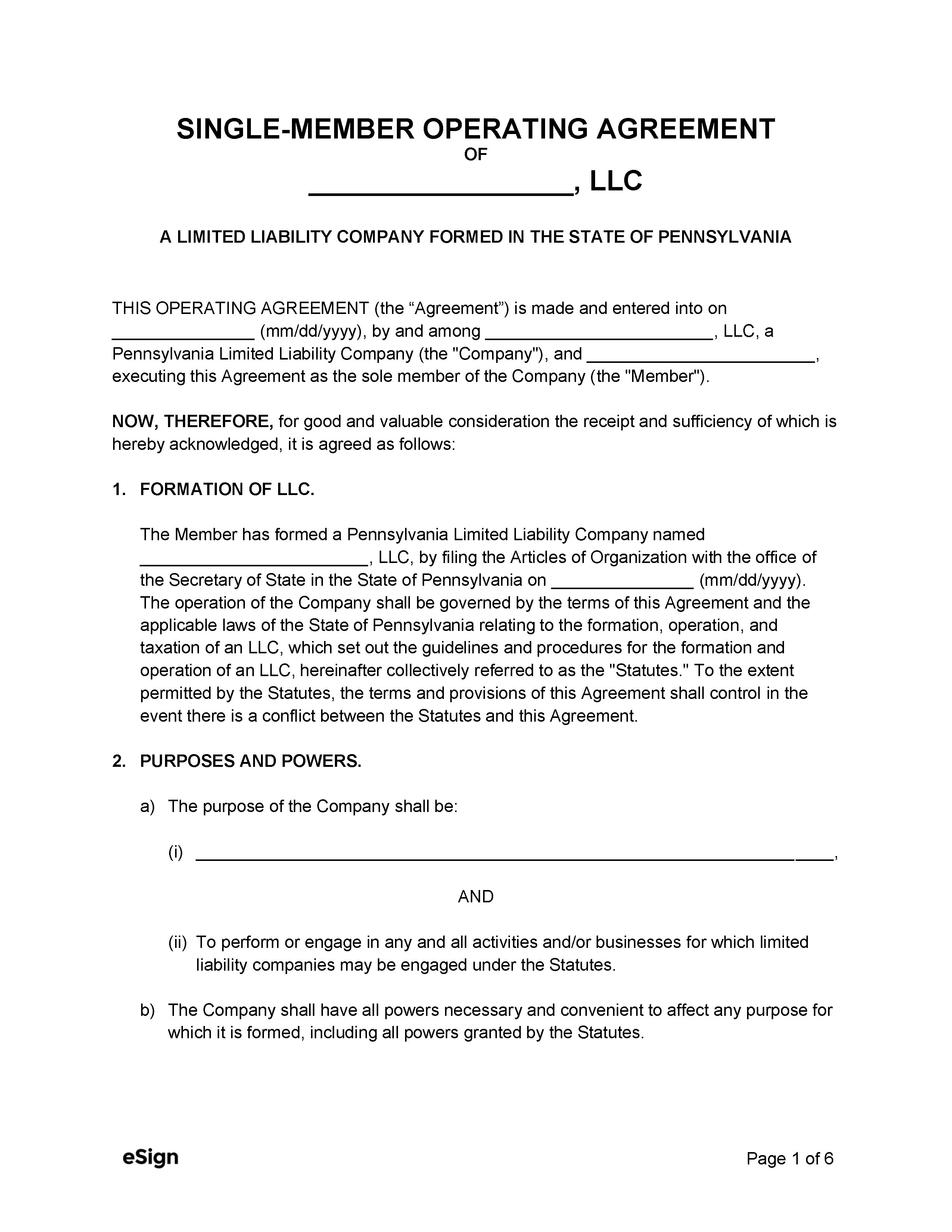 Free Pennsylvania Single Member LLC Operating Agreement Form PDF Word