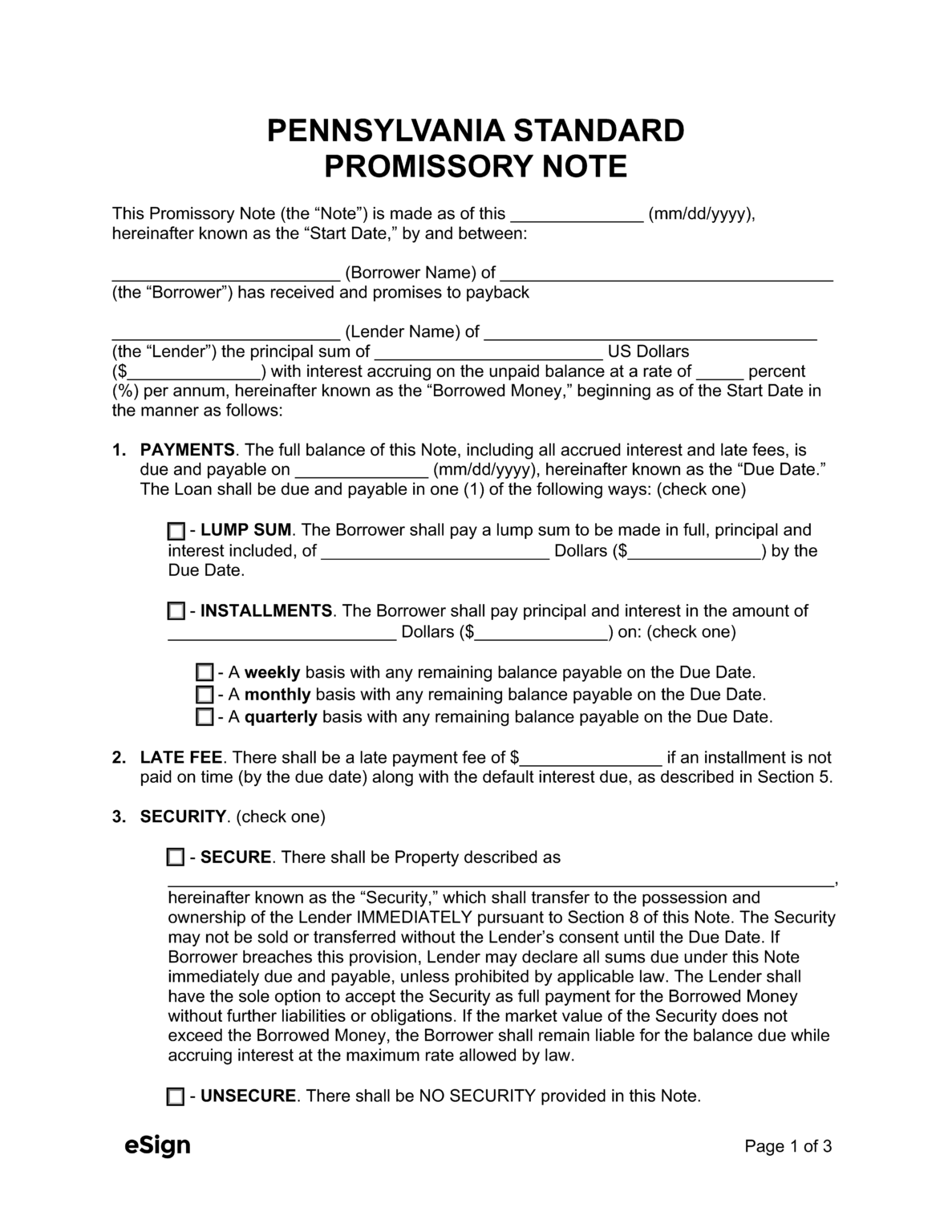 Free Pennsylvania Promissory Note Template PDF Word