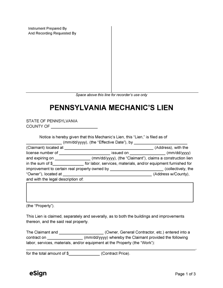 Free Pennsylvania Mechanic's Lien Form | PDF | Word