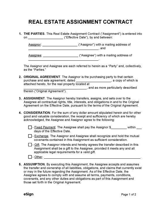 assignment of contract form florida