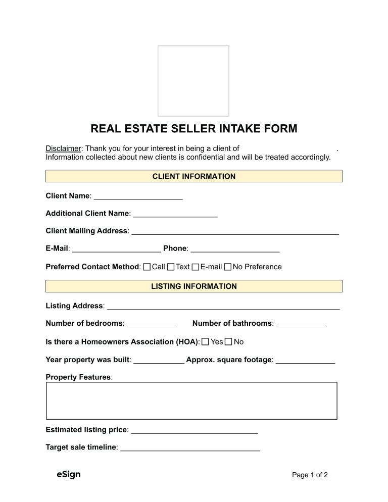 Free Real Estate Seller Intake Form PDF Word