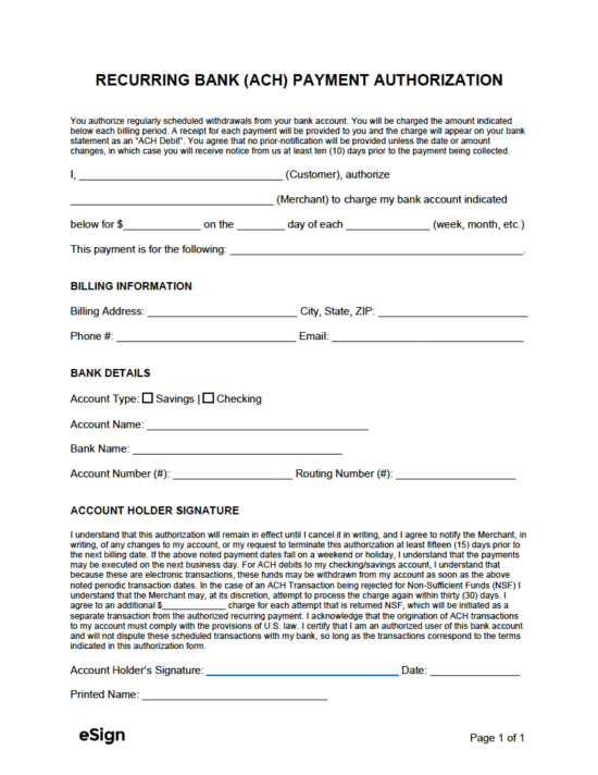 Printable Blank Ach Authorization Form Template Printable Forms Free