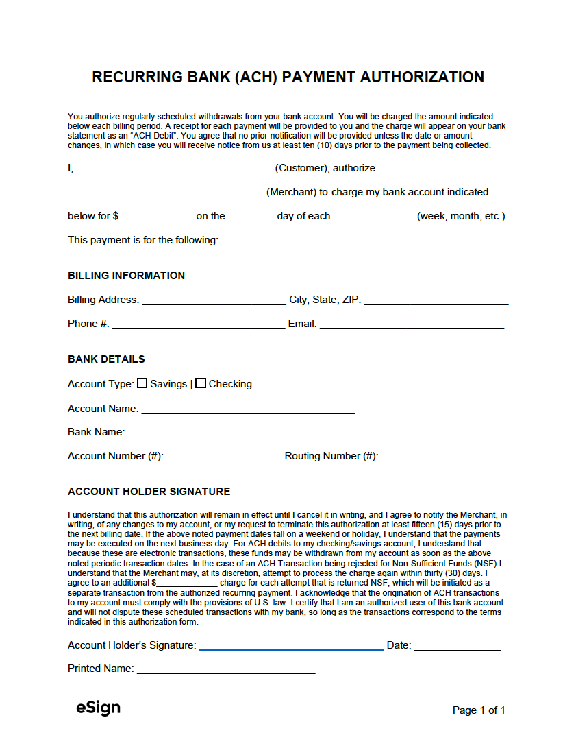 Free Credit Card / ACH Payment Authorization Forms PDF Word