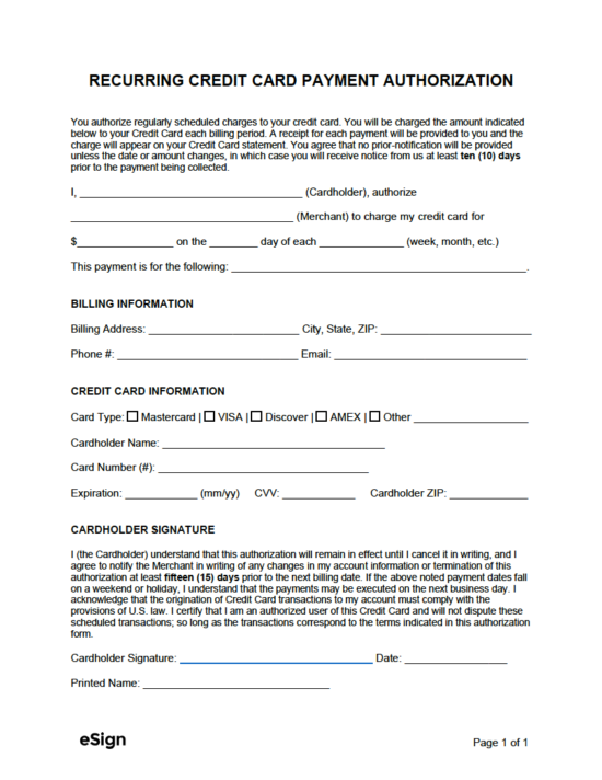 Free Credit Card / ACH Payment Authorization Forms PDF Word