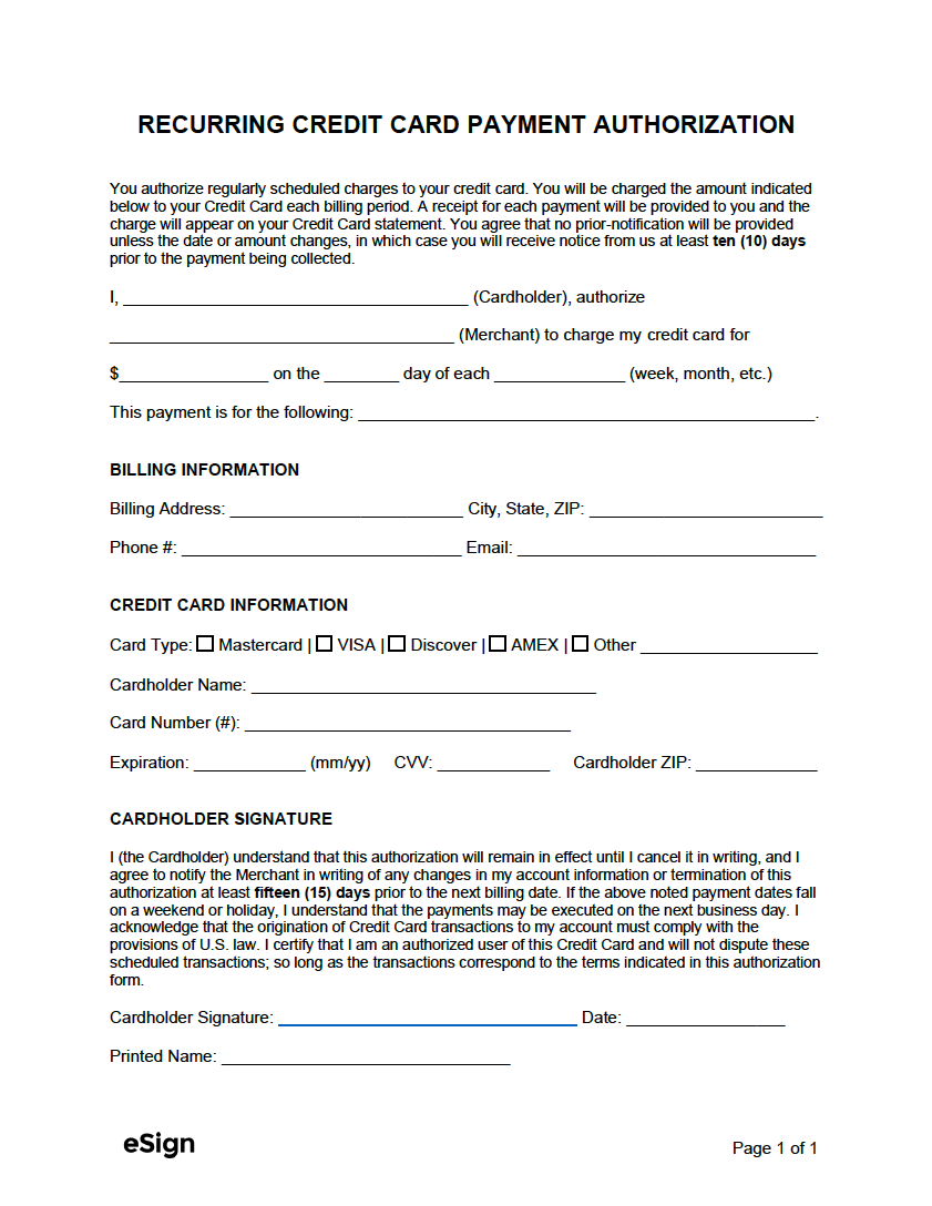 Free Recurring Credit Card Payment Authorization Form - PDF  Word Regarding Authorization To Charge Credit Card Template