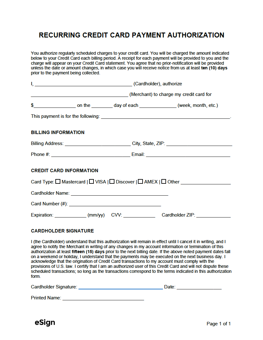 Free Recurring Credit Card Payment Authorization Form, PDF