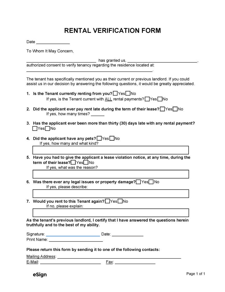 Tenant Rental Verification Form