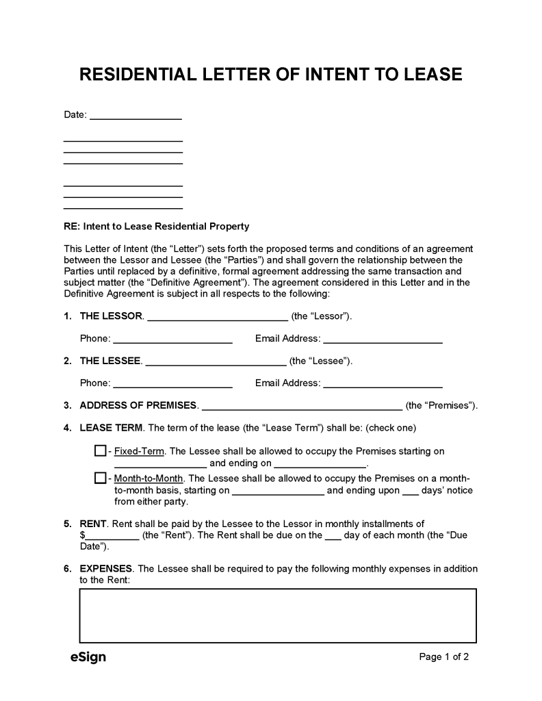 Free Residential Letter of Intent to Lease | PDF | Word