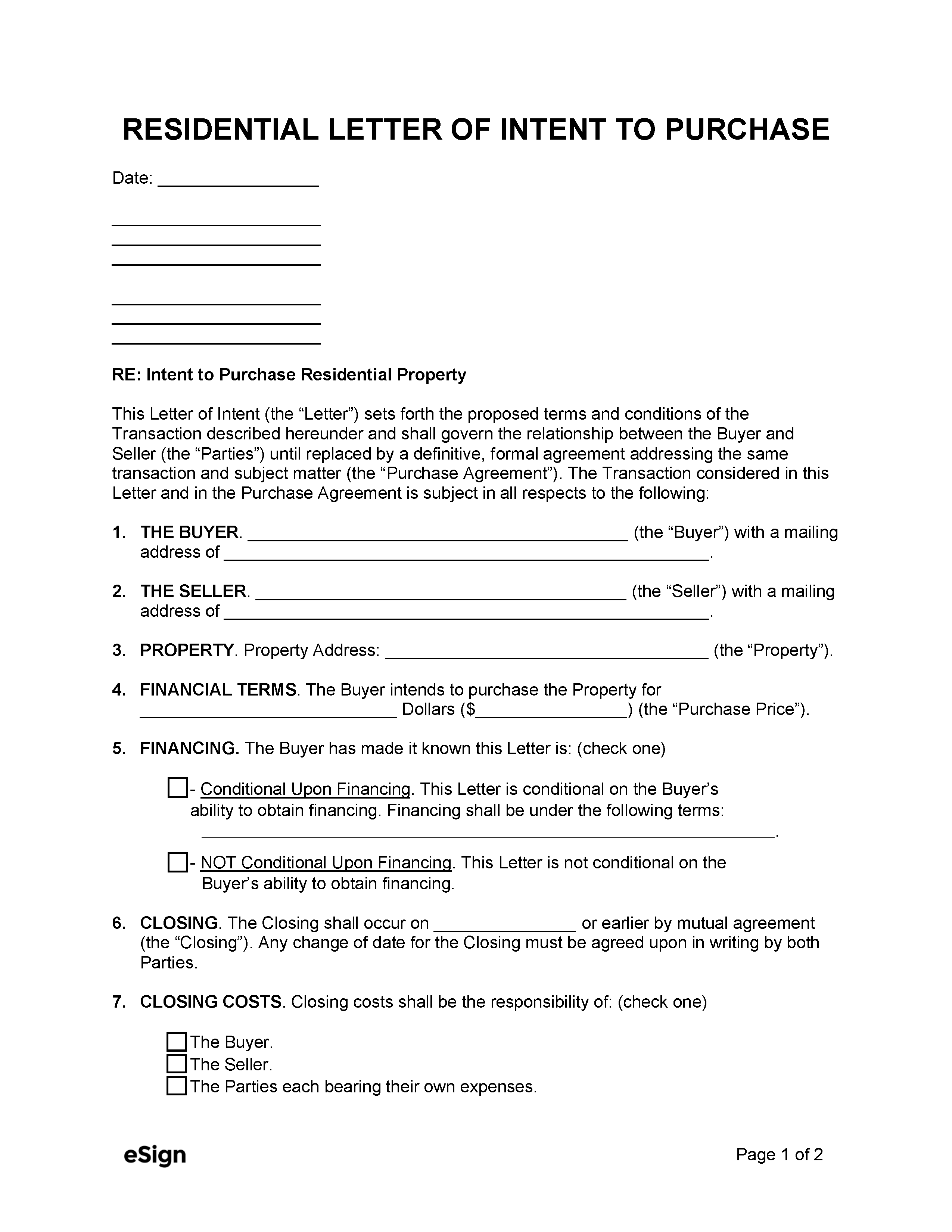 Free Residential Letter of Intent to Purchase | PDF | Word