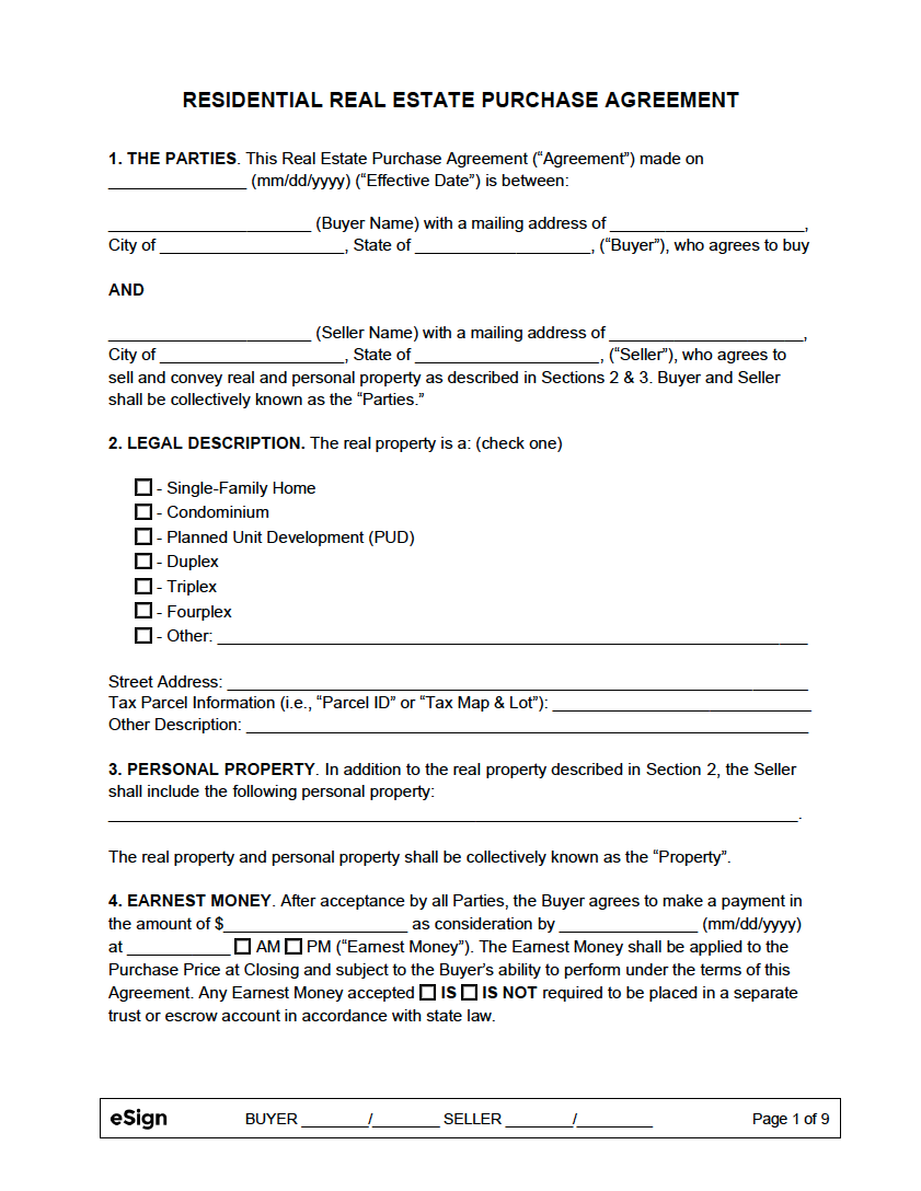 Free Real Estate Purchase Agreement Templates Pdf Word