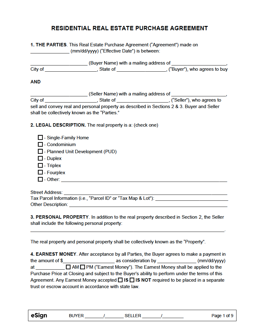 Free Real Estate Purchase Agreement Templates - PDF  Word