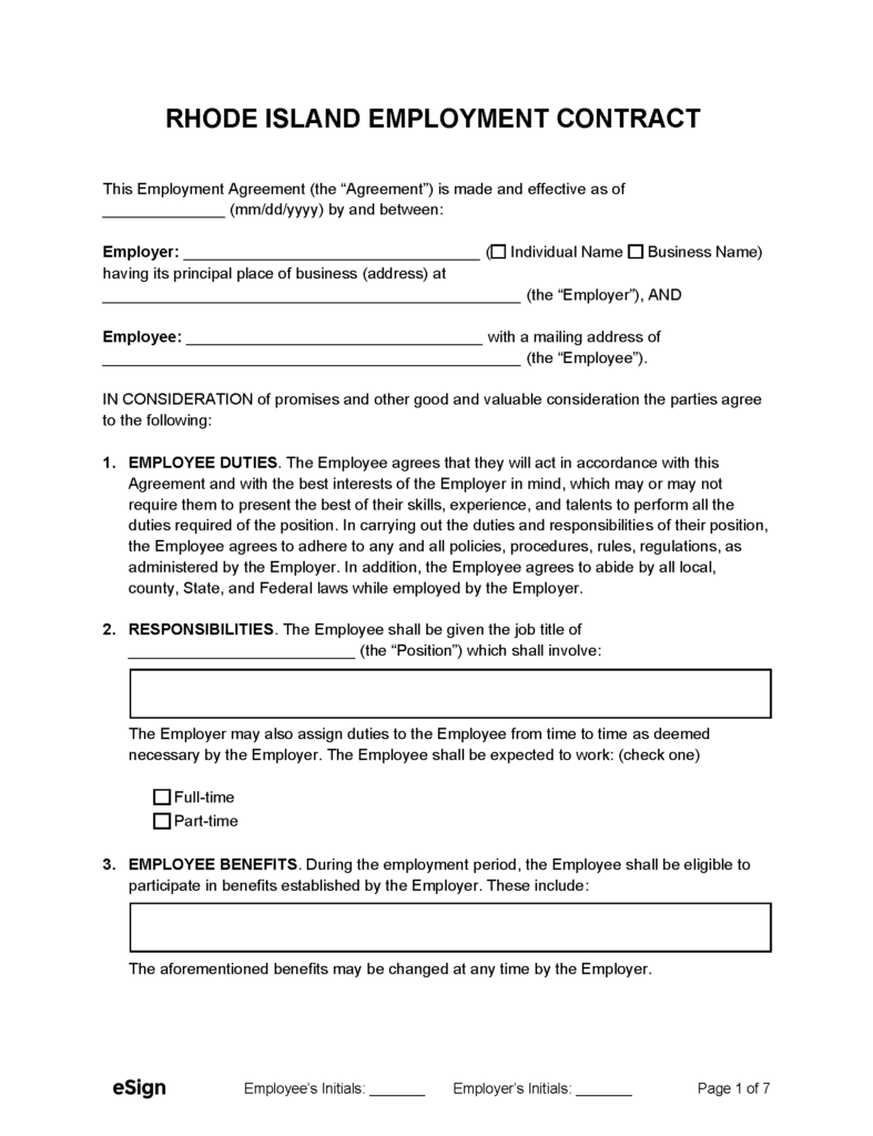 Free Rhode Island Employment Contract Templates | PDF | Word