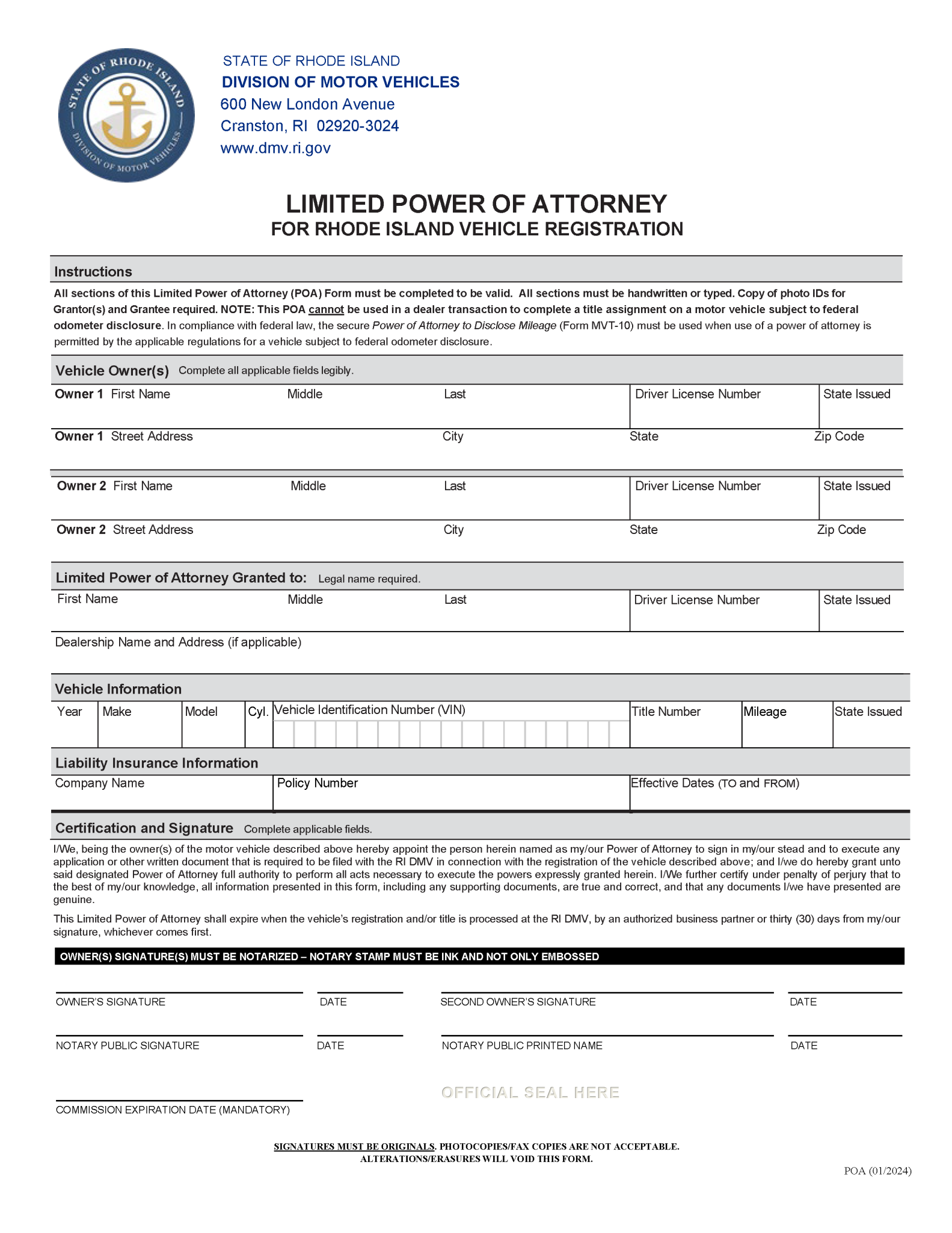 Free Rhode Island Motor Vehicle (DMV) Power of Attorney Form | PDF | Word