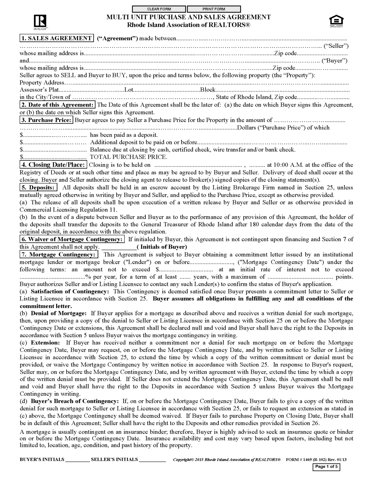Free Rhode Island Residential Purchase and Sale Agreement PDF Word