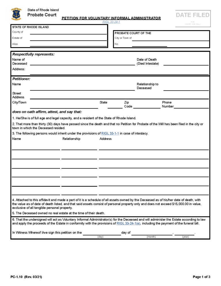 Free Rhode Island Small Estate Affidavit Form | PDF