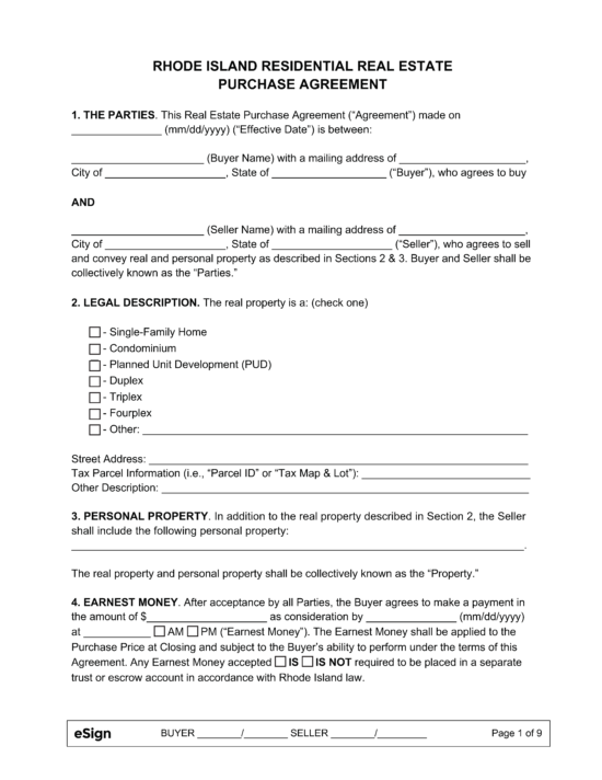 Free Rhode Island Residential Purchase and Sale Agreement PDF Word