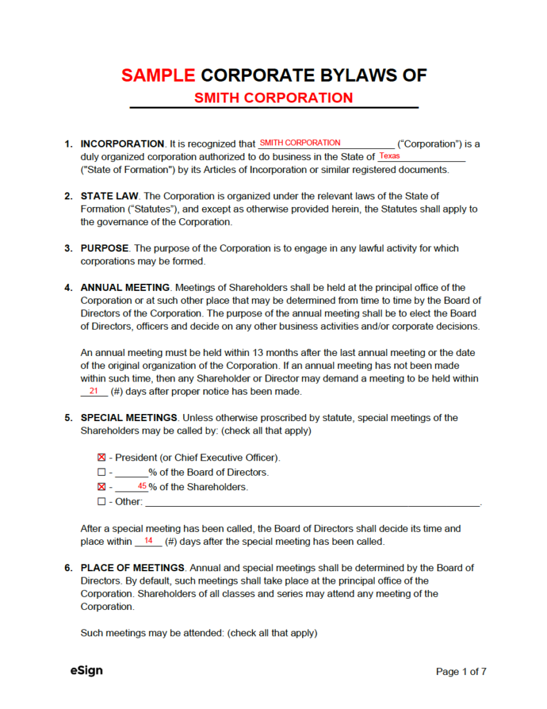 Free Corporate Bylaws Template | PDF | Word