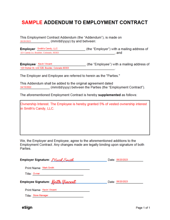 free employment contract addendum template pdf word