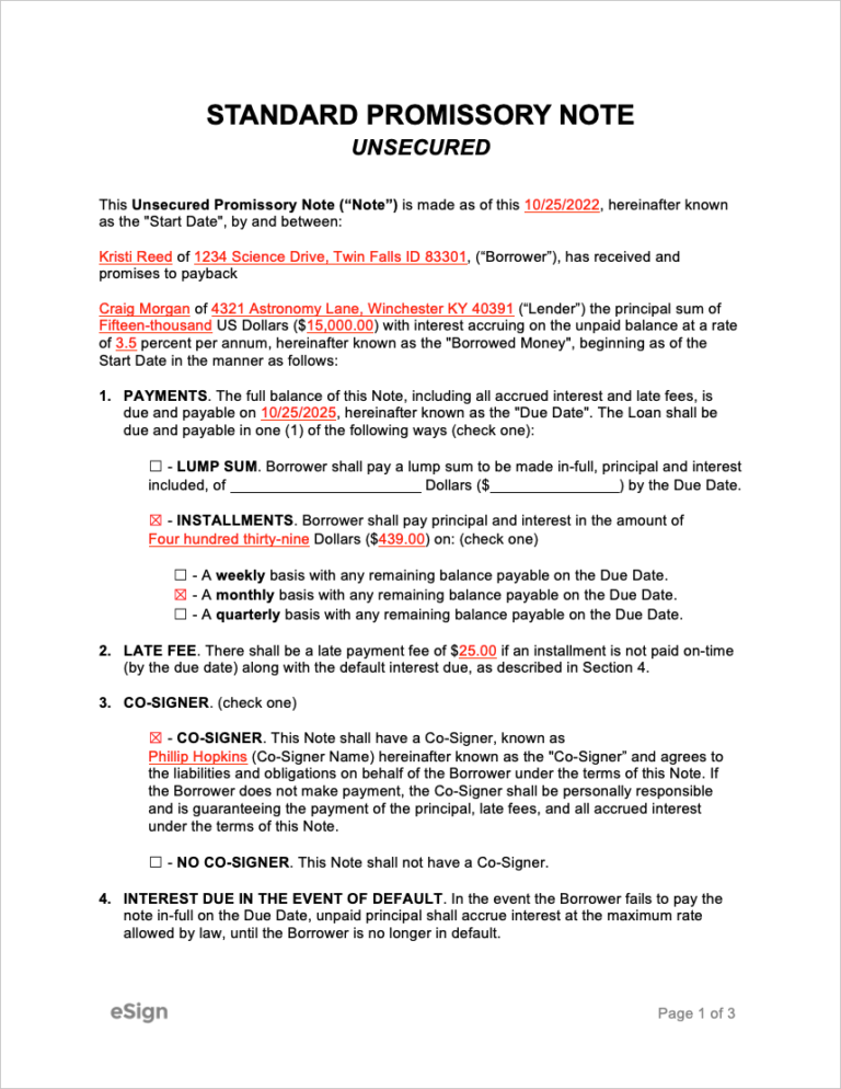 Free Unsecured Promissory Note Template Pdf Word 0933