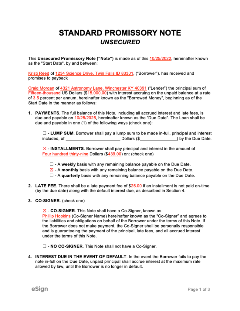 Free Unsecured Promissory Note Template | PDF | Word