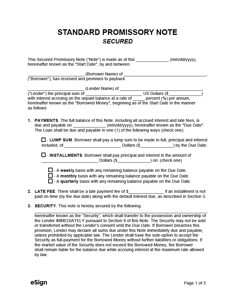 Free Secured Promissory Note Template PDF Word