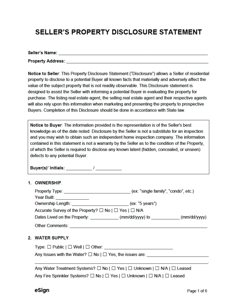 Free Property Disclosure Statement PDF Word