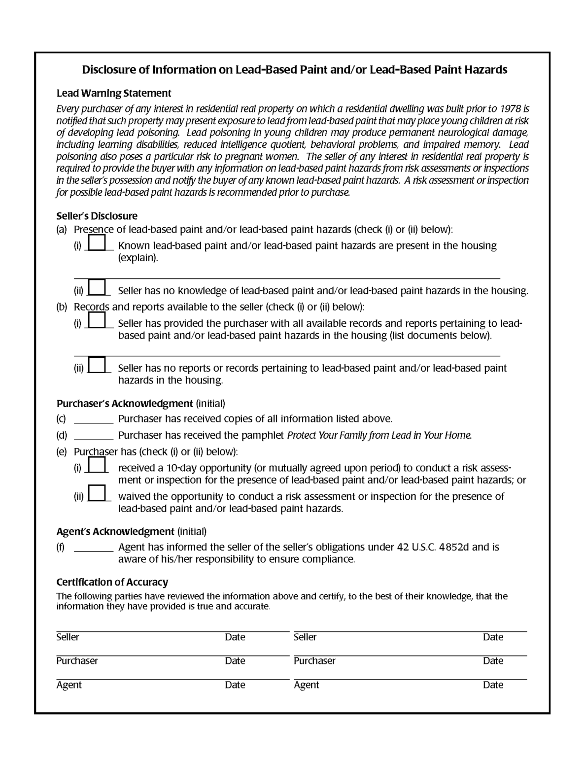 Lead Paint Disclosure Form For Tenants