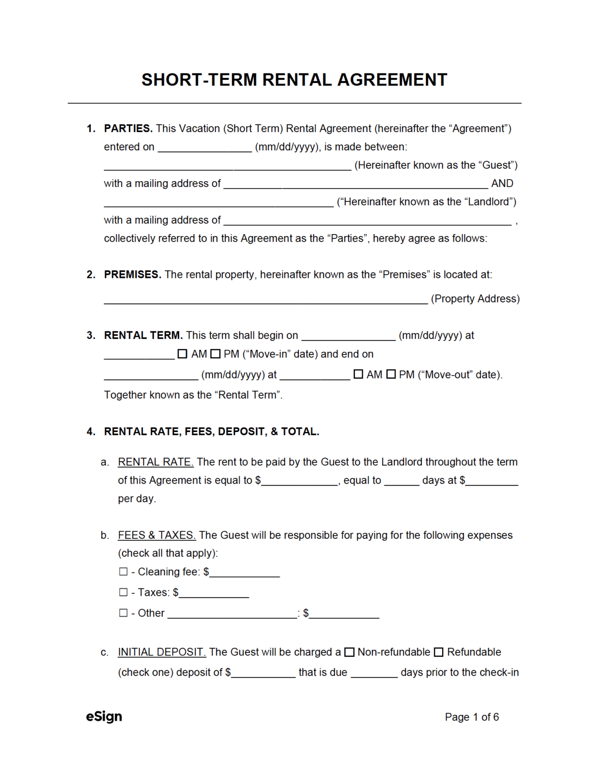 Free Shortterm / Vacation Lease Agreement PDF Word