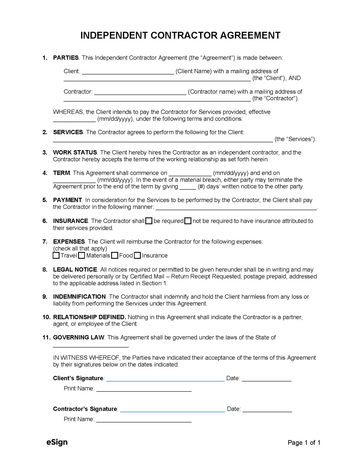 Free 1-Page (Simple) Independent Contractor Agreement Template | PDF | Word