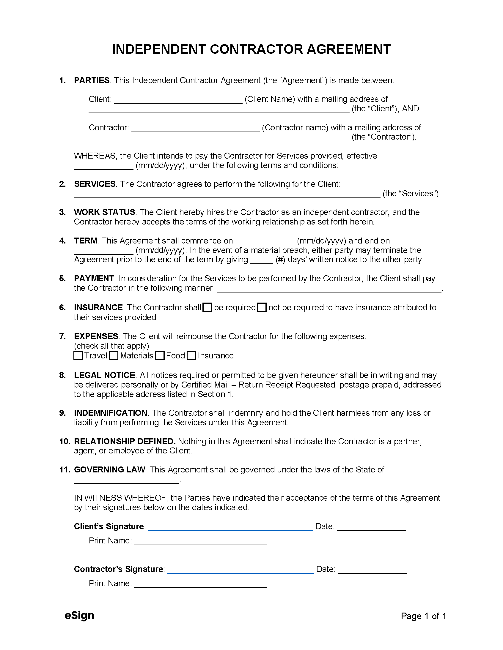 Free 1 Page Simple Independent Contractor Agreement Template PDF Word   Simple Independent Contractor Agreement 