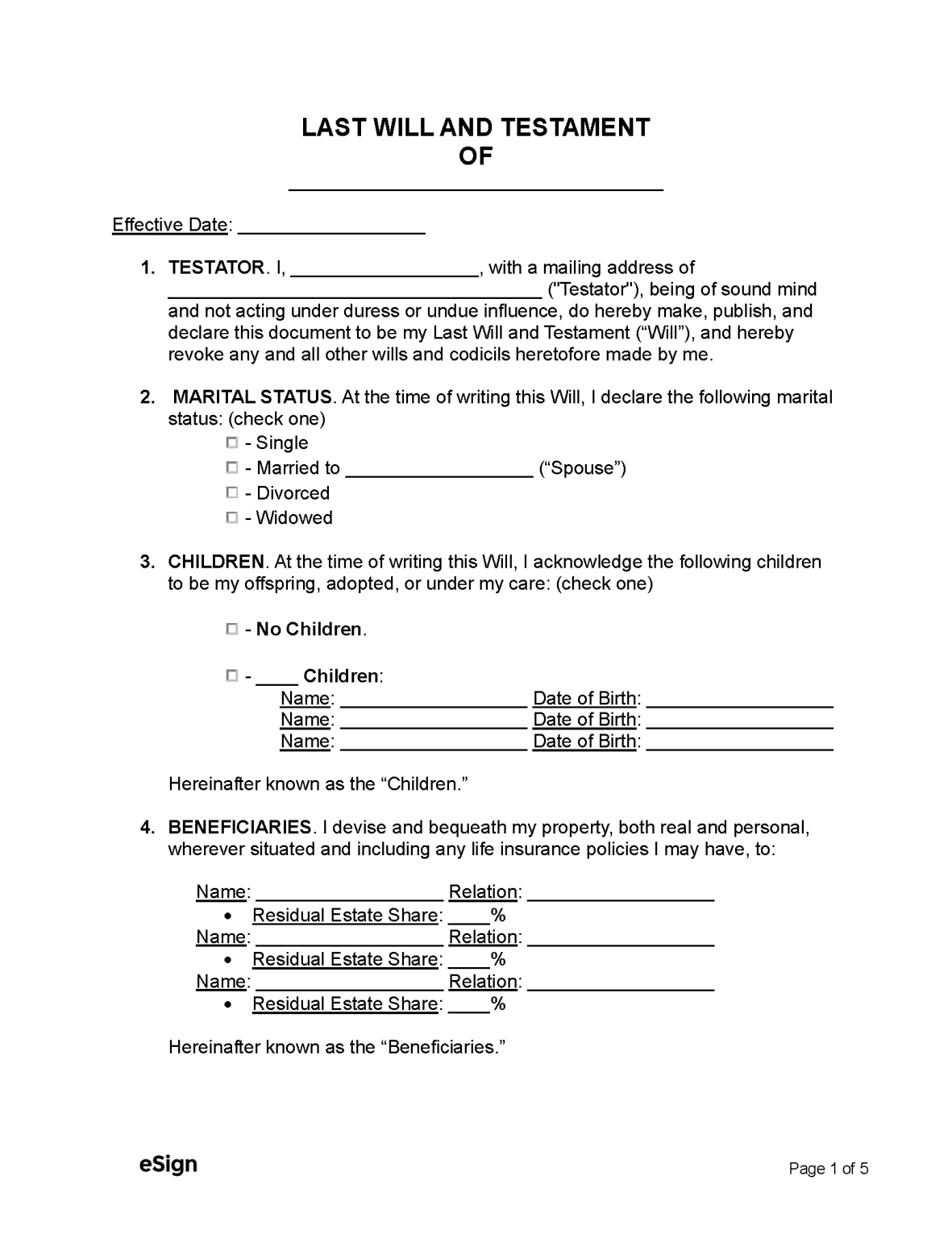 Free Simple Basic Last Will And Testament PDF Word