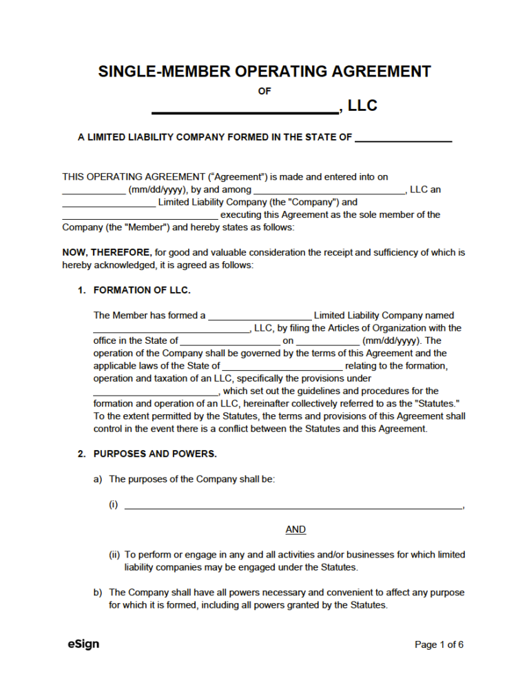 Free Single-Member LLC Operating Agreement Template | PDF | Word