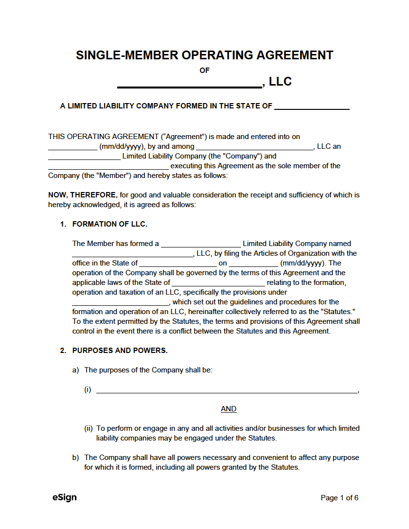 Free SingleMember LLC Operating Agreement Template PDF Word
