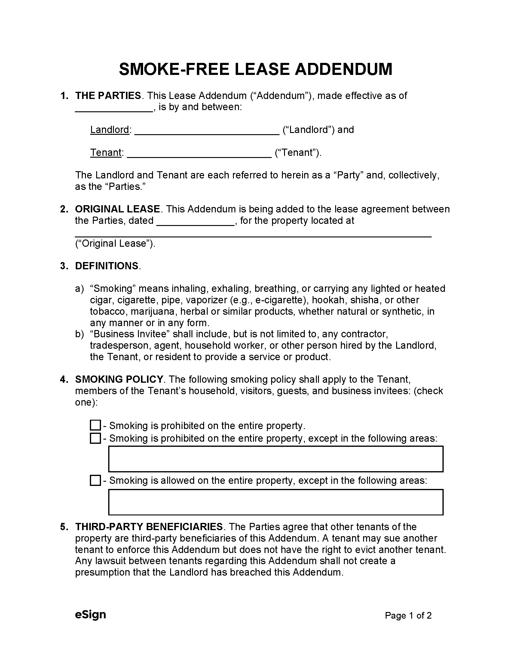 Free Smoke Free Lease Addendum Template 2 PDF Word