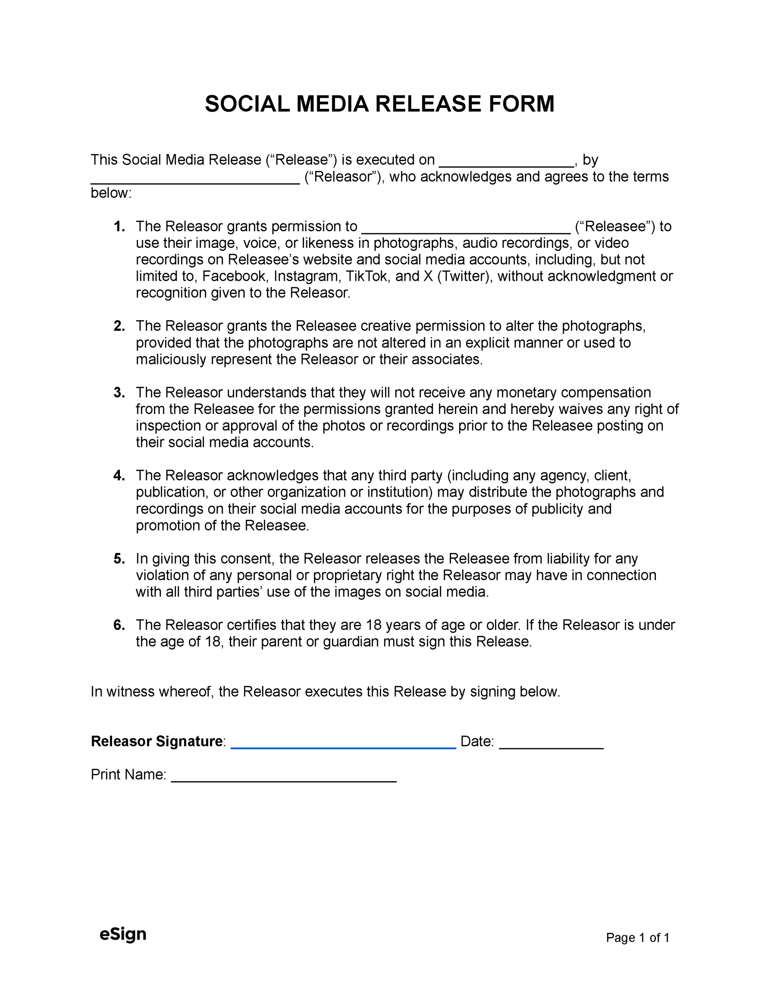 Free Social Media Release Form | PDF | Word